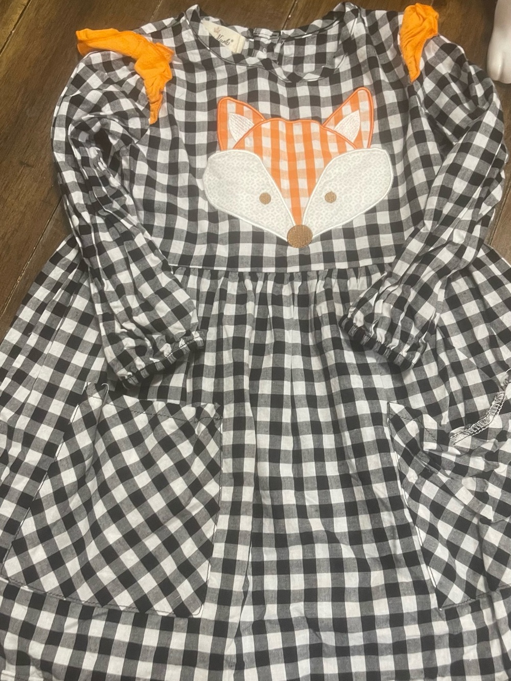 Black & White Gingham Dress with Orange Fox Applique